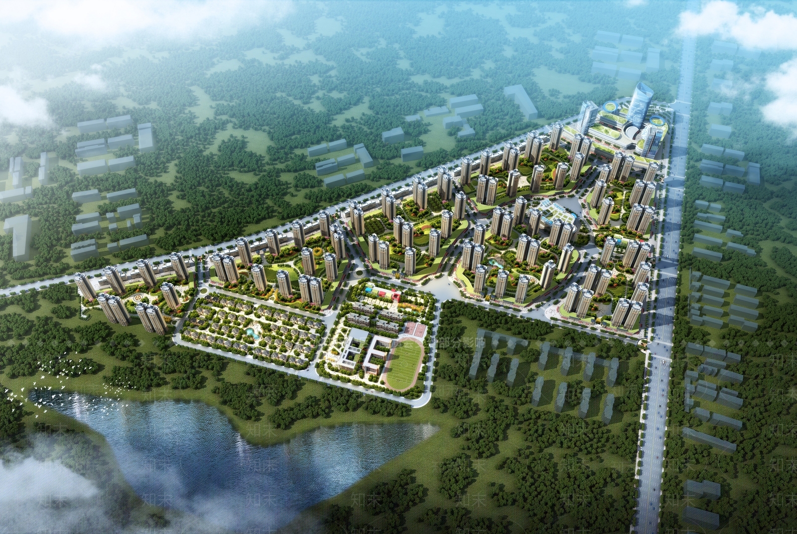 现代高层住宅楼盘规划3D模型下载【ID:1138132641】