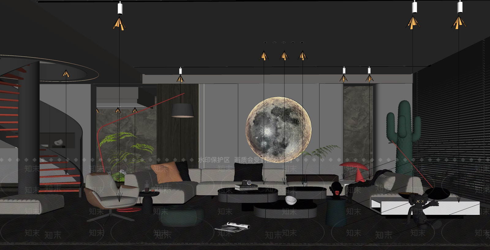 现代暗黑风别墅客厅SU模型下载【ID:1138135975】