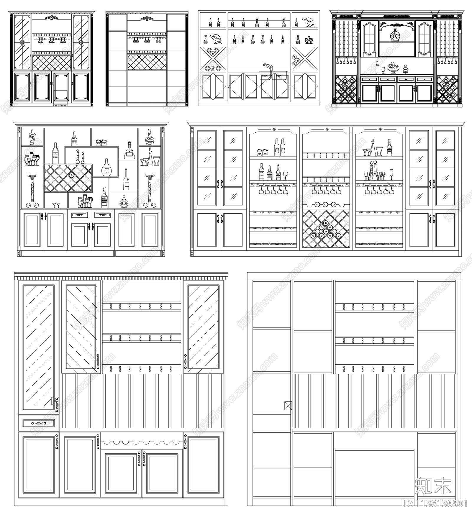 酒柜餐边柜cad施工图下载【ID:1138136501】