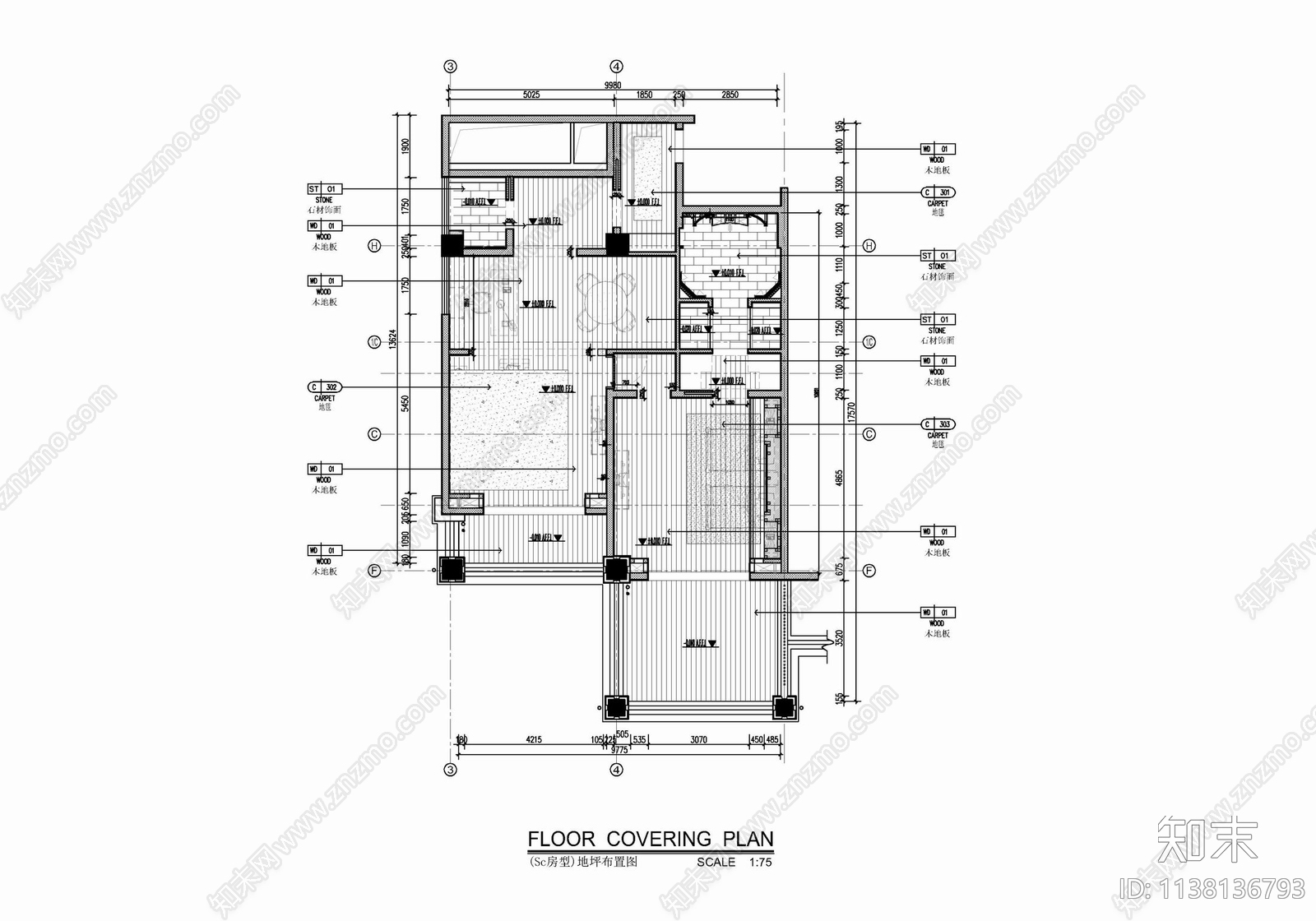 110㎡酒店豪华客房套房室内cad施工图下载【ID:1138136793】