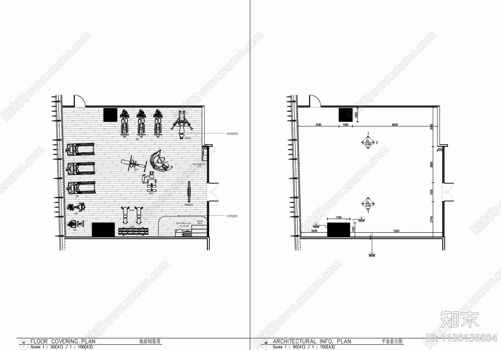 VIP健身房室内cad施工图下载【ID:1138136884】