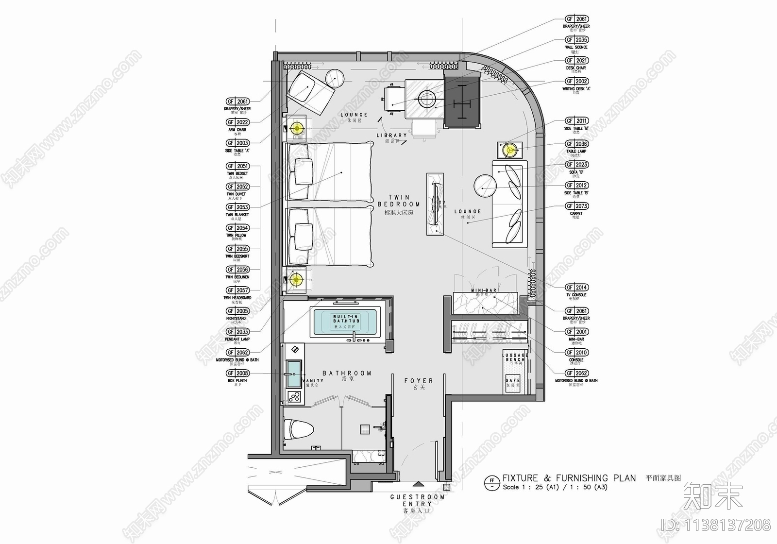 60㎡酒店标准大床房室内cad施工图下载【ID:1138137208】