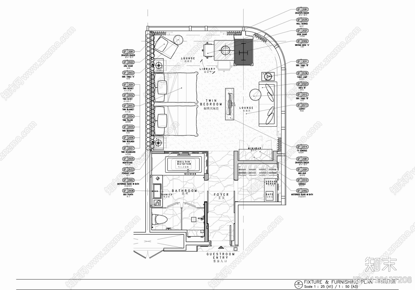 60㎡酒店标准大床房室内cad施工图下载【ID:1138137208】