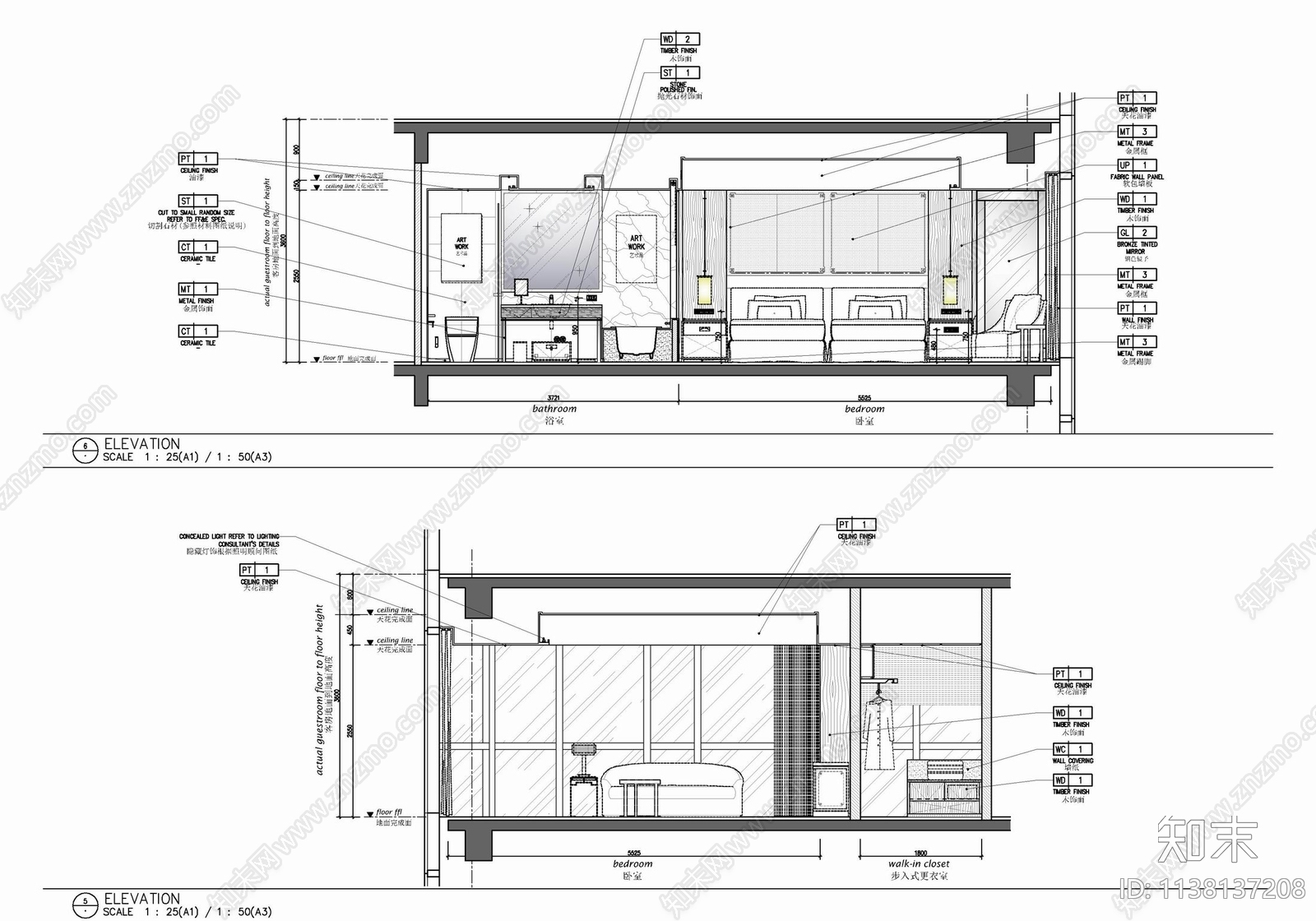 60㎡酒店标准大床房室内cad施工图下载【ID:1138137208】