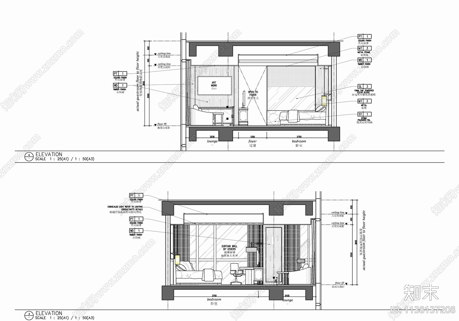 60㎡酒店标准大床房室内cad施工图下载【ID:1138137208】