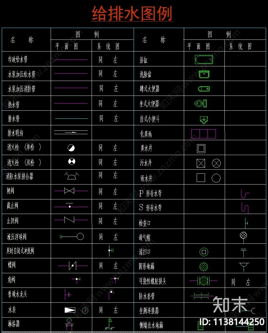 建筑给排水规范符号图例cad施工图下载【ID:1138144250】