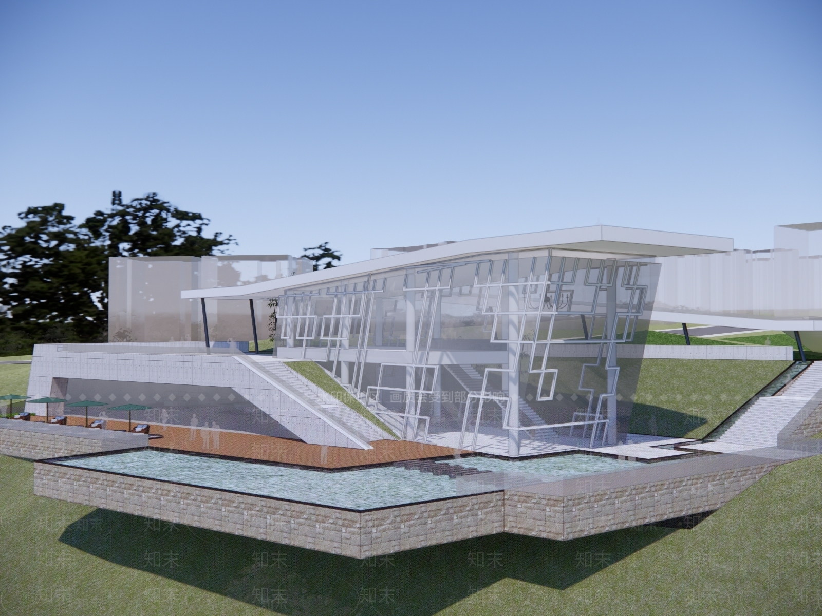 现代展览馆建筑SU模型下载【ID:1138144165】