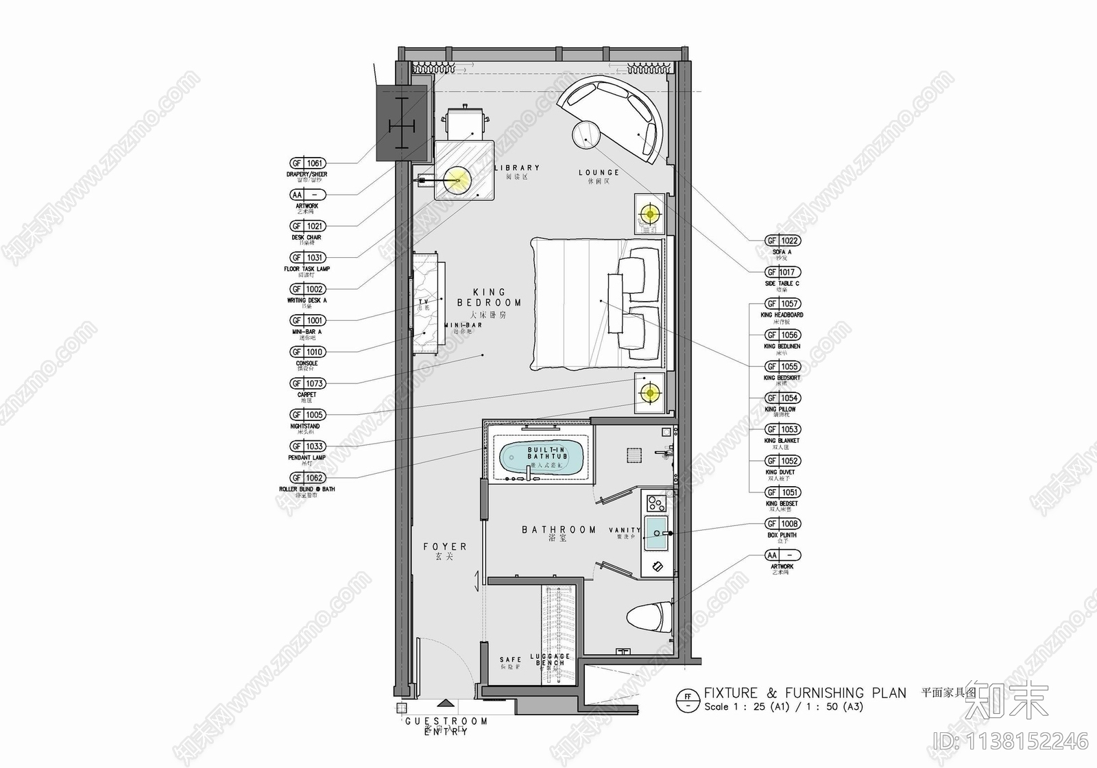 45㎡酒店标准大床房室内施工图下载【ID:1138152246】