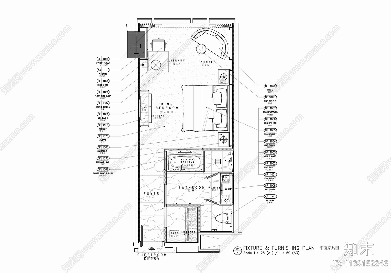 45㎡酒店标准大床房室内cad施工图下载【ID:1138152246】