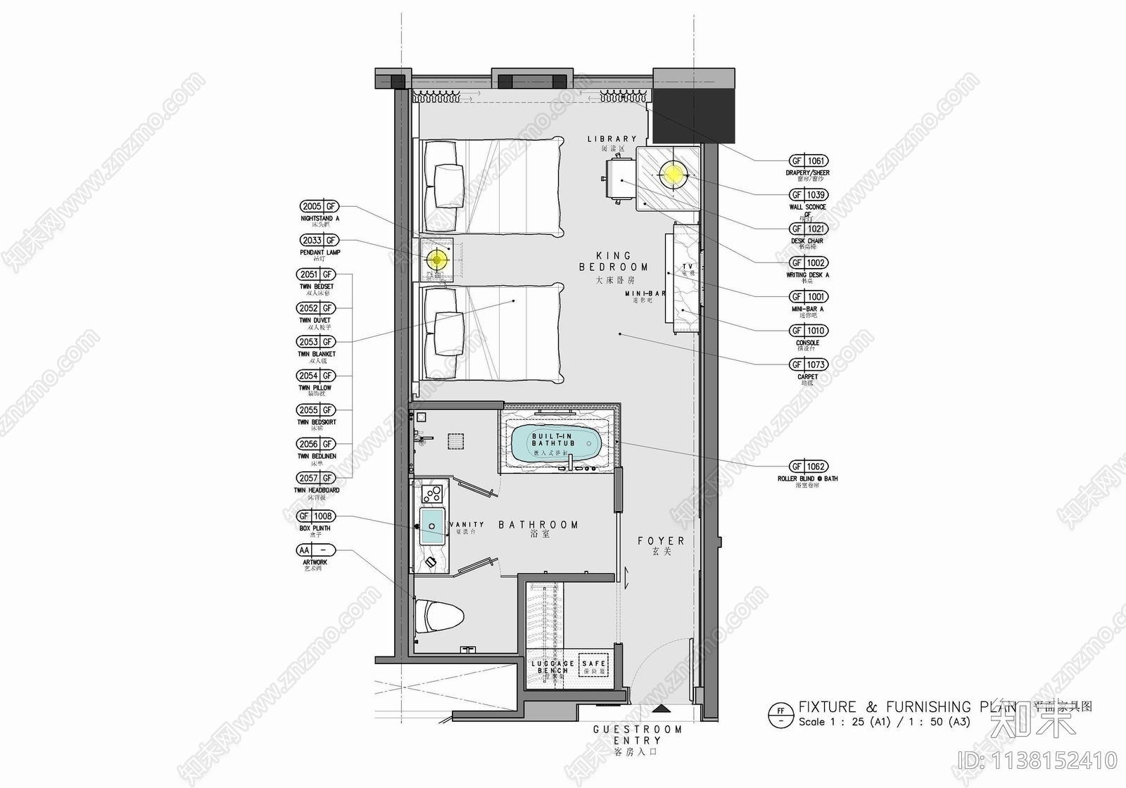 45㎡酒店标准大床房室内cad施工图下载【ID:1138152410】