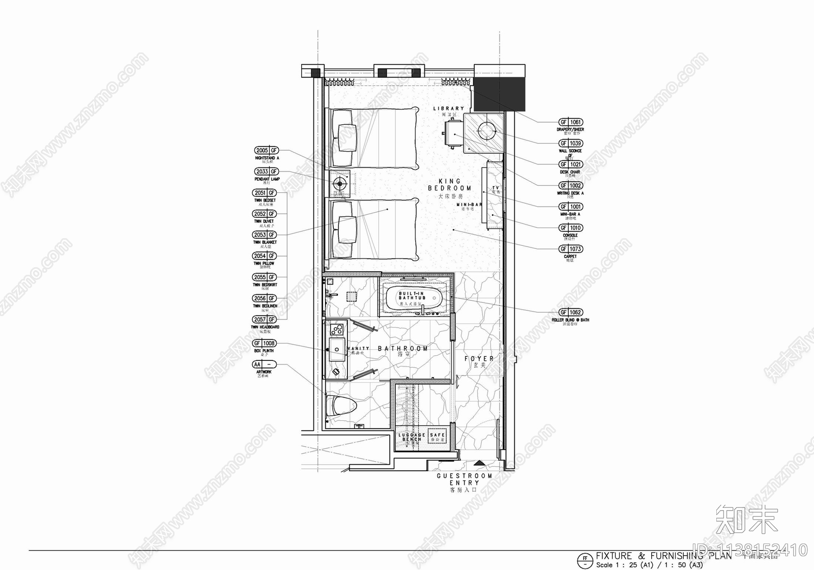 45㎡酒店标准大床房室内cad施工图下载【ID:1138152410】
