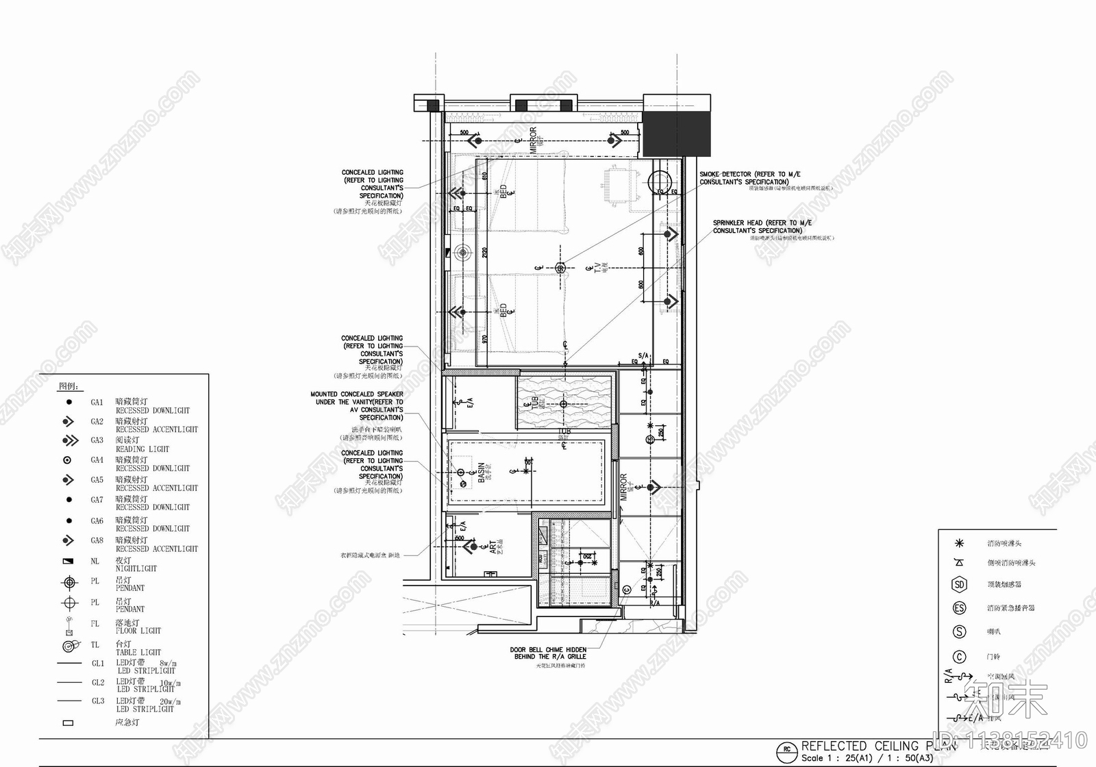 45㎡酒店标准大床房室内cad施工图下载【ID:1138152410】