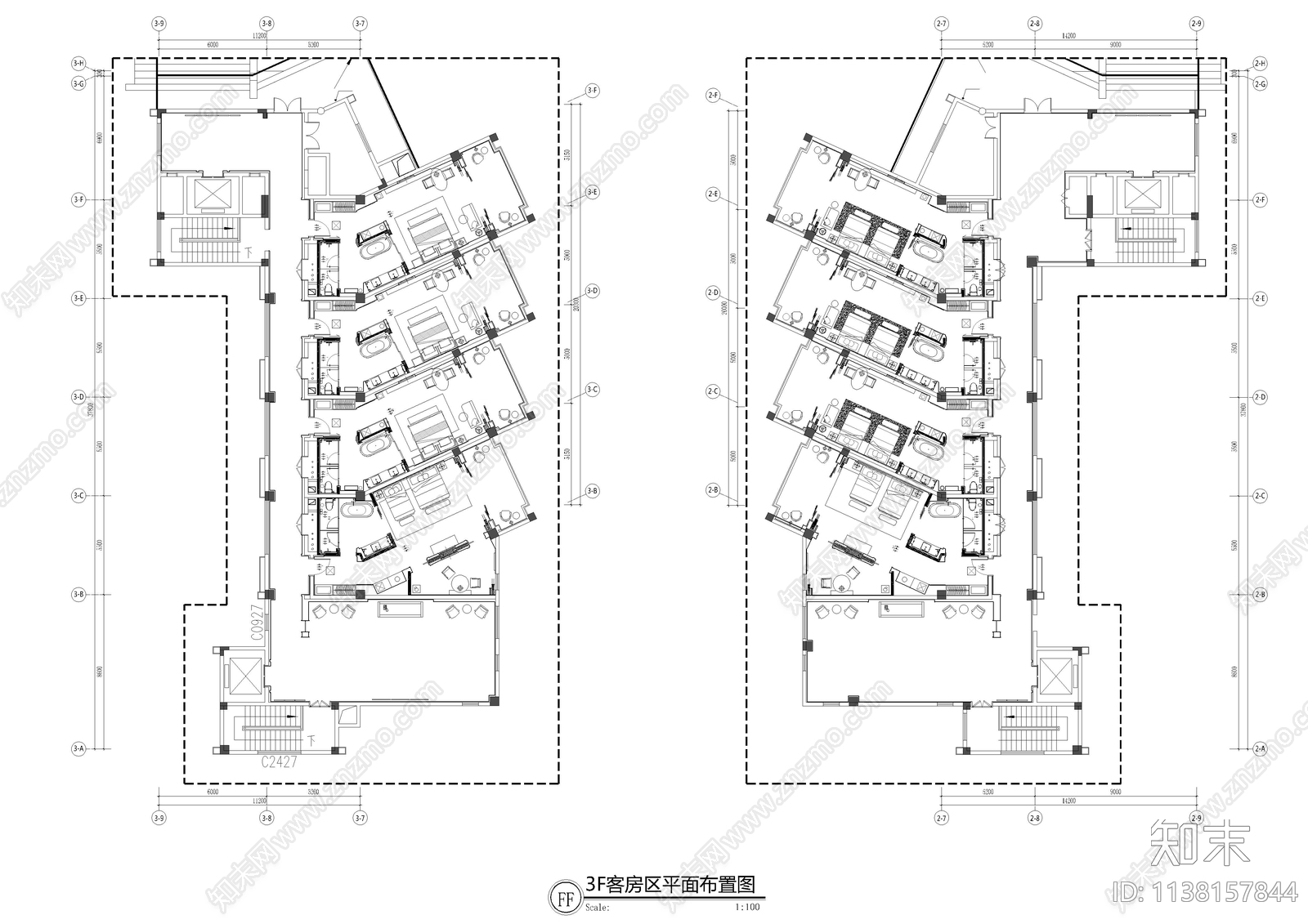 酒店客房层cad施工图下载【ID:1138157844】