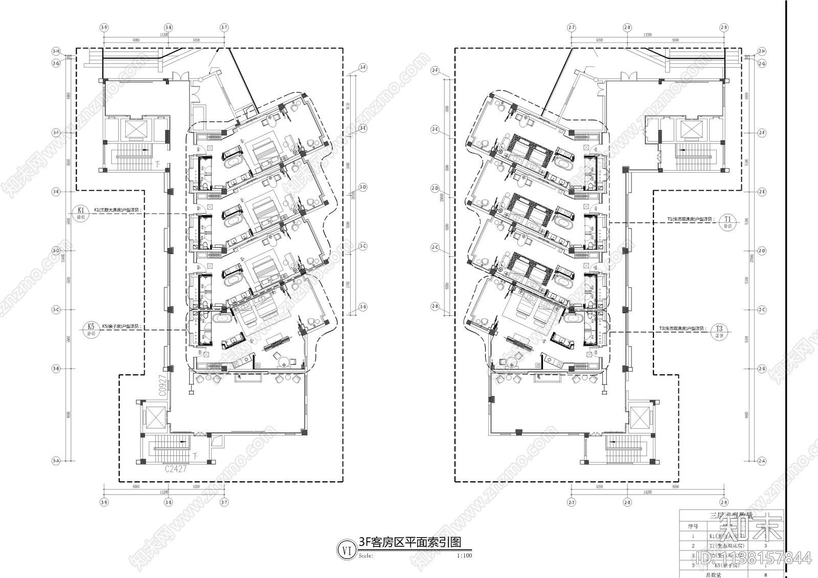 酒店客房层cad施工图下载【ID:1138157844】