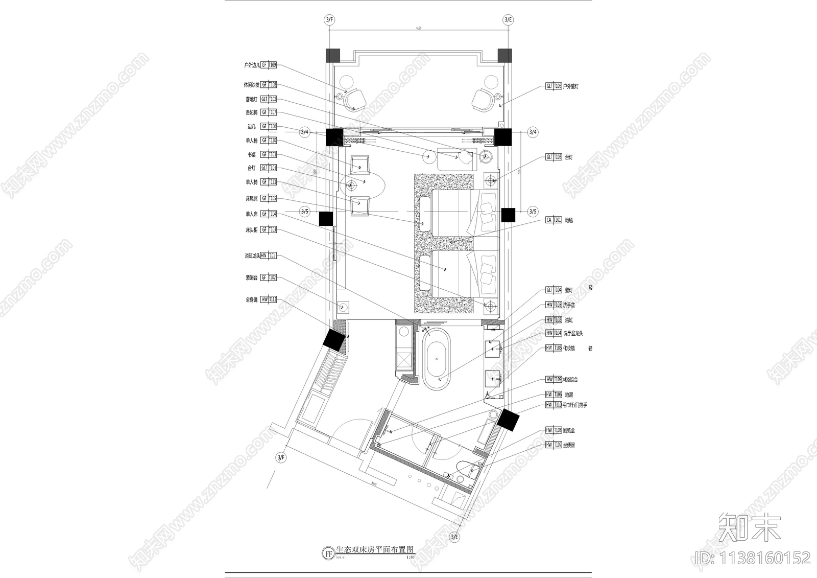 生态双床房酒店客房cad施工图下载【ID:1138160152】
