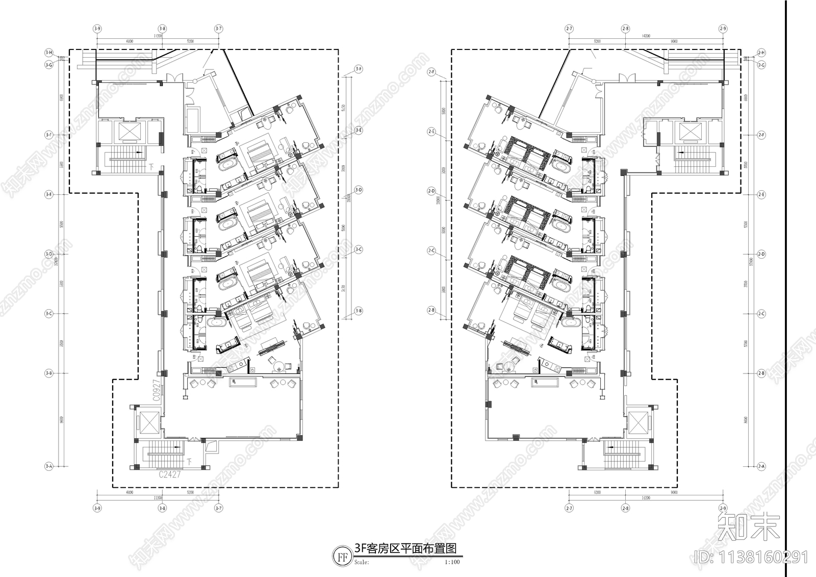 现代酒店客房层cad施工图下载【ID:1138160291】
