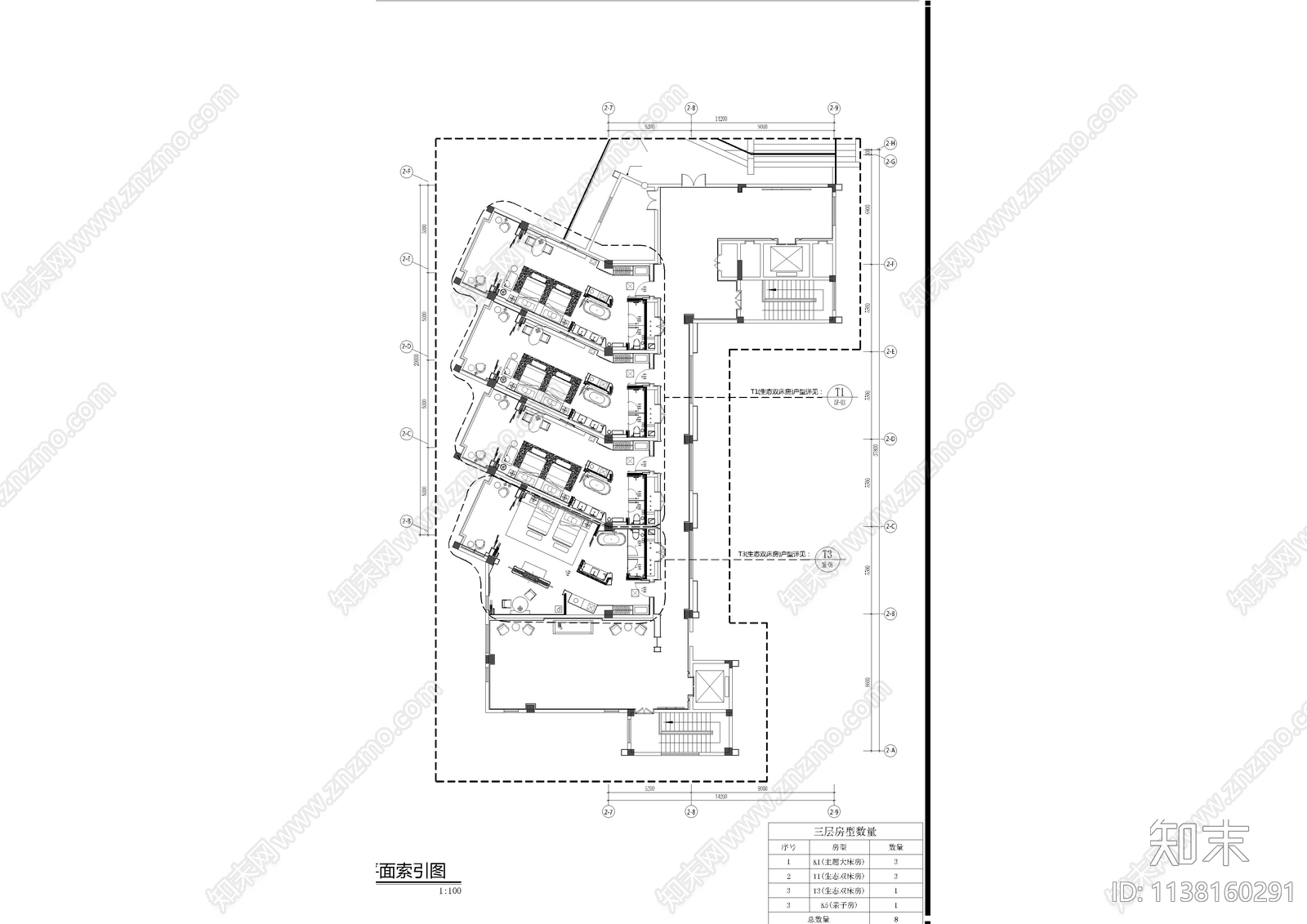 现代酒店客房层cad施工图下载【ID:1138160291】