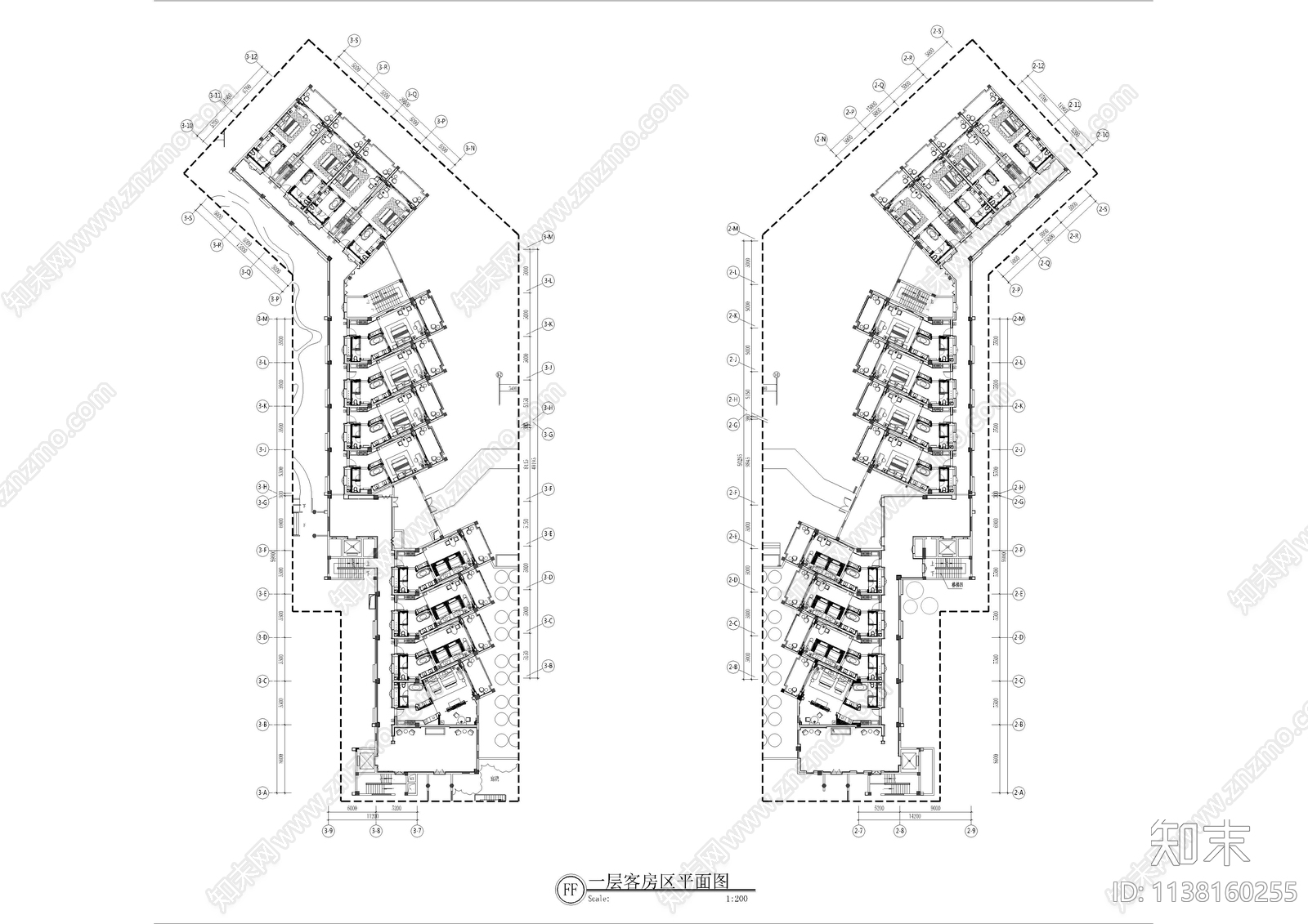 异型客房层cad施工图下载【ID:1138160255】