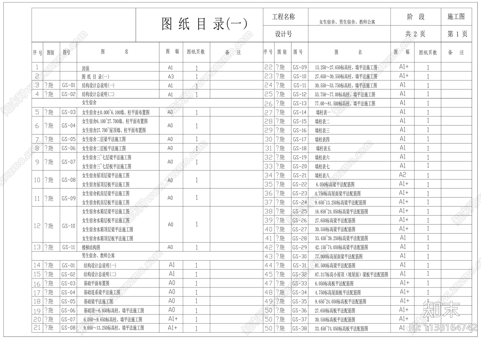 学校女生宿舍建筑结构cad施工图下载【ID:1138164742】