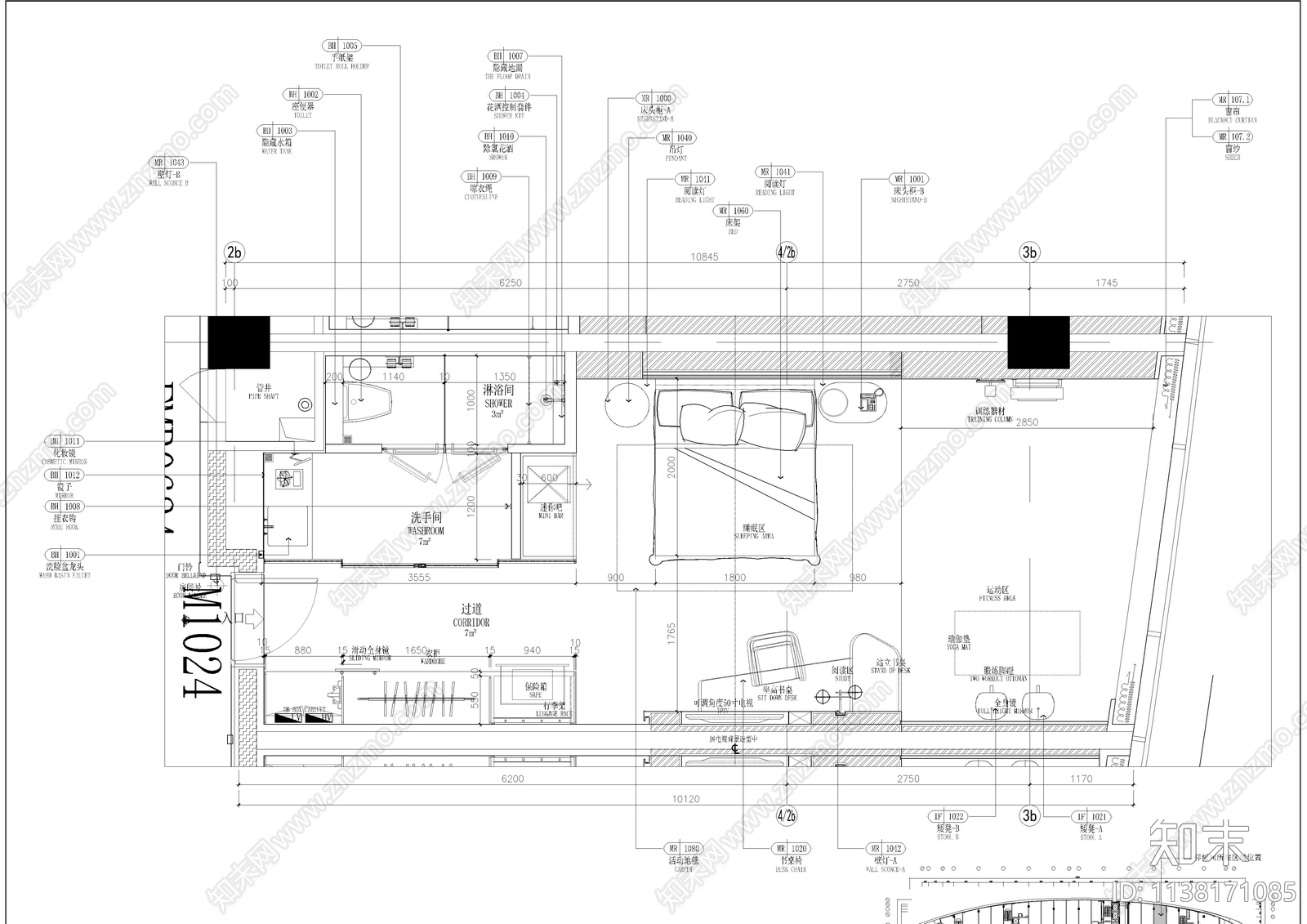 酒店单人大客房施工图下载【ID:1138171085】
