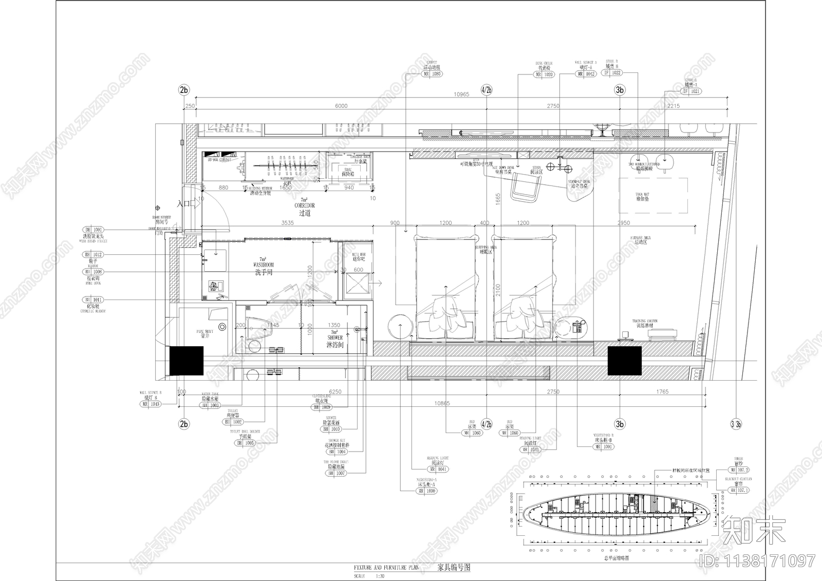 酒店双人间客房cad施工图下载【ID:1138171097】
