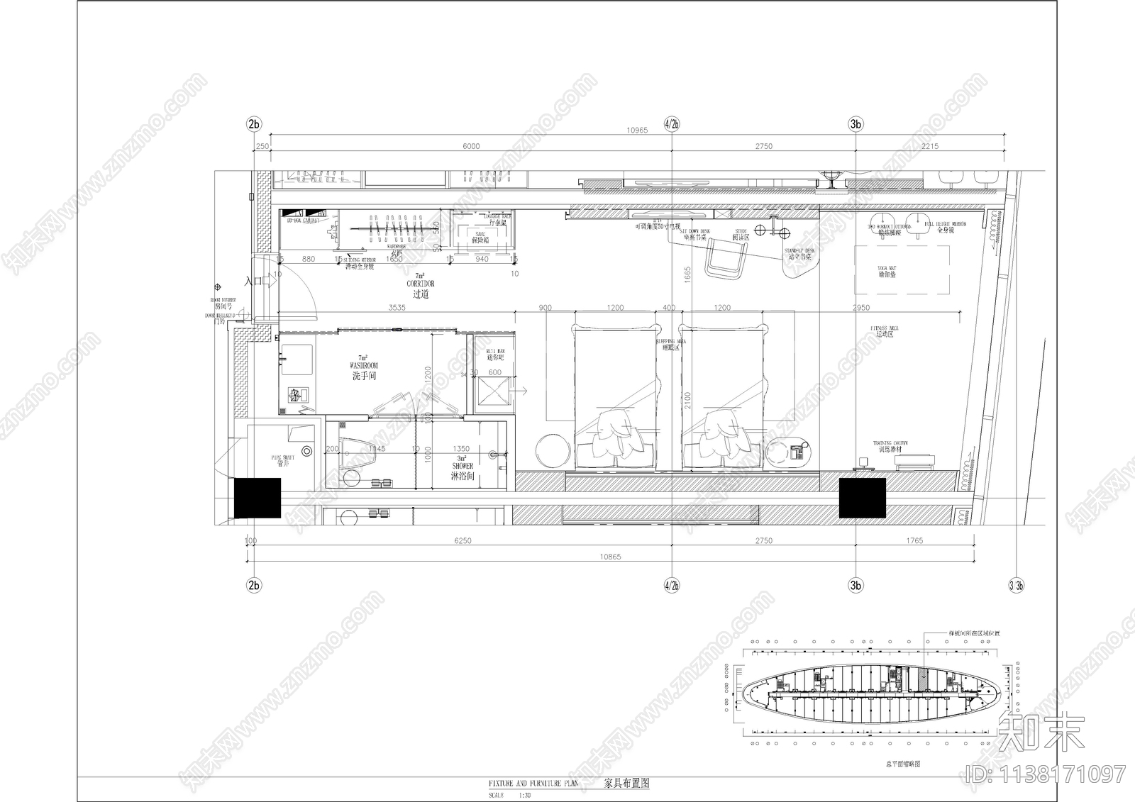 酒店双人间客房cad施工图下载【ID:1138171097】