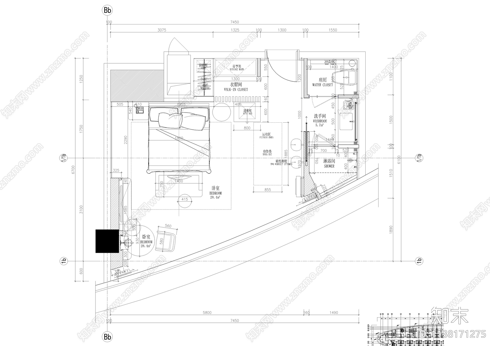 精品单人房客房cad施工图下载【ID:1138171275】