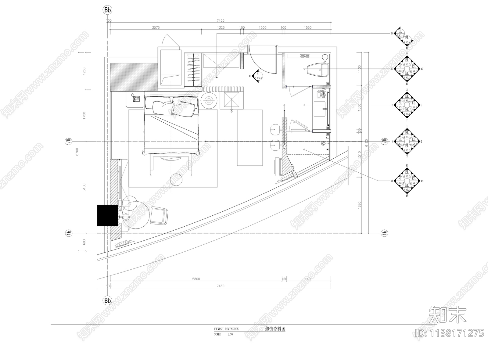 精品单人房客房施工图下载【ID:1138171275】