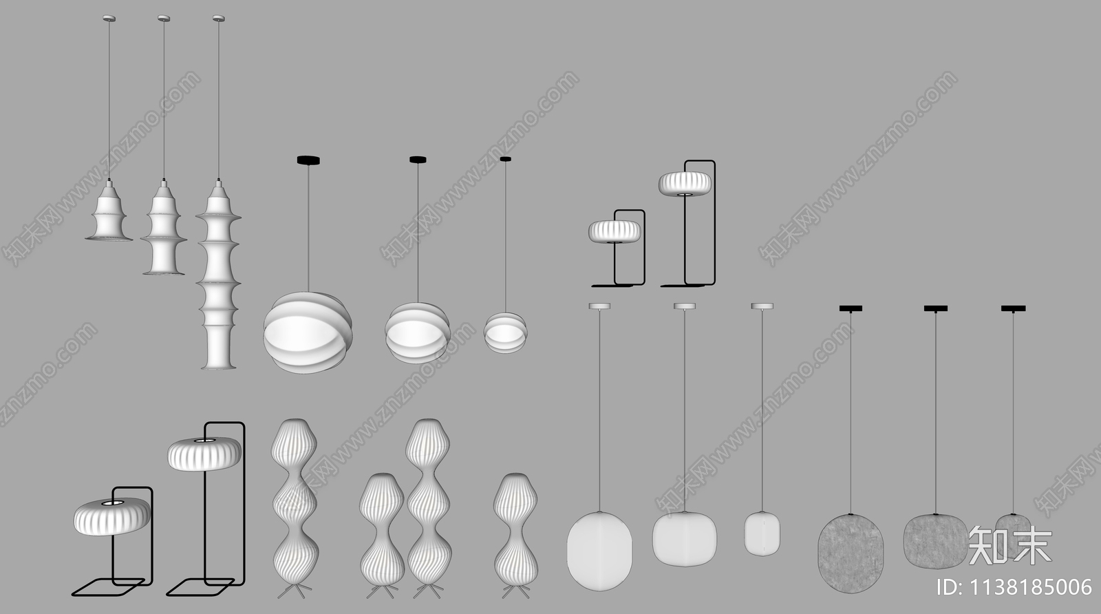 现代创意织布纸质吊灯落地灯组合SU模型下载【ID:1138185006】