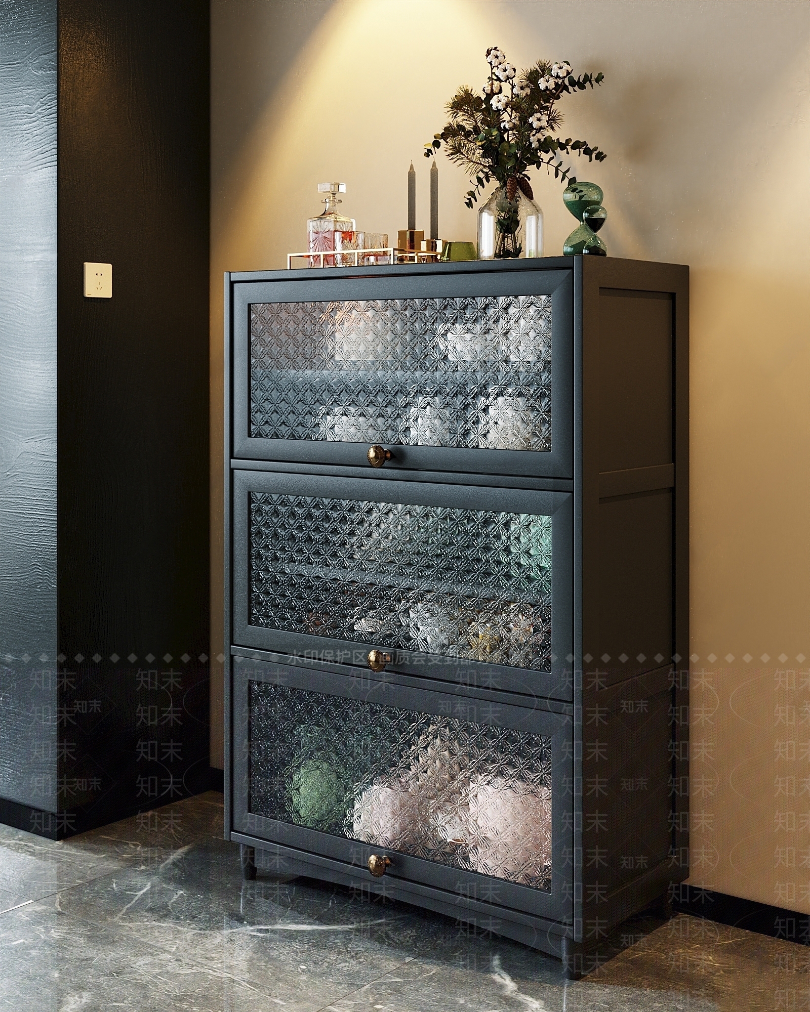 法式复古浮雕玻璃餐边柜SU模型下载【ID:1138190536】