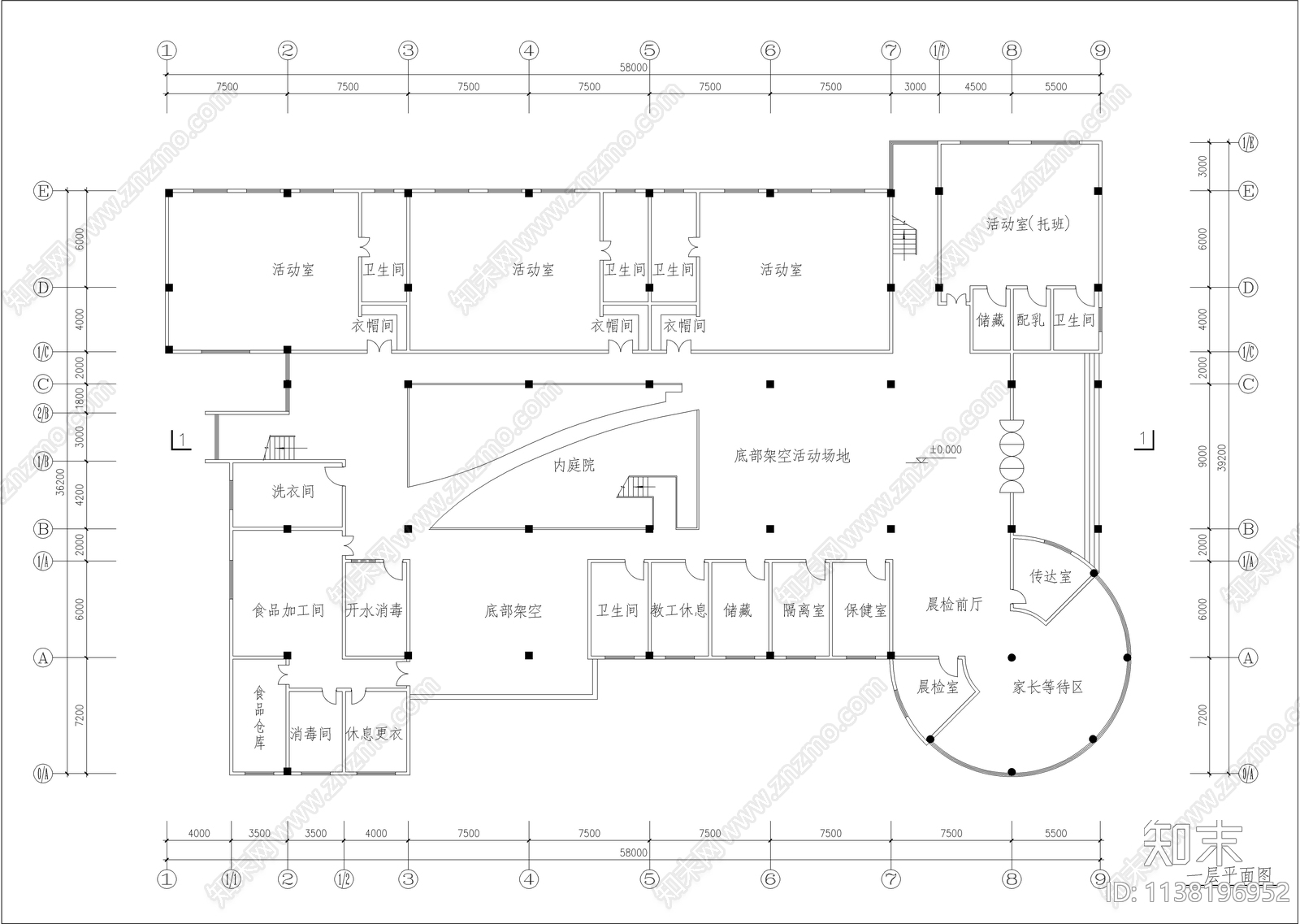 三层幼儿园建筑cad施工图下载【ID:1138196952】