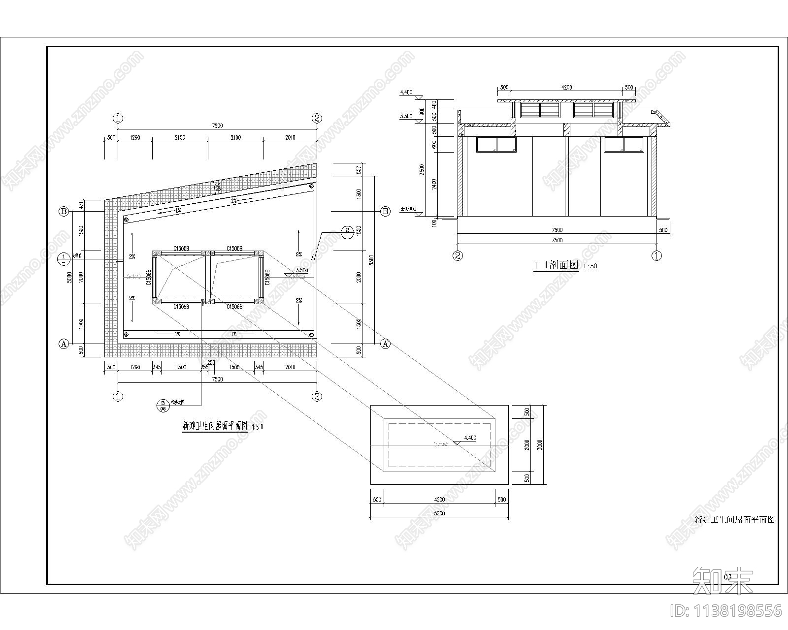 梯形琉璃瓦屋顶厕所建筑施工图下载【ID:1138198556】