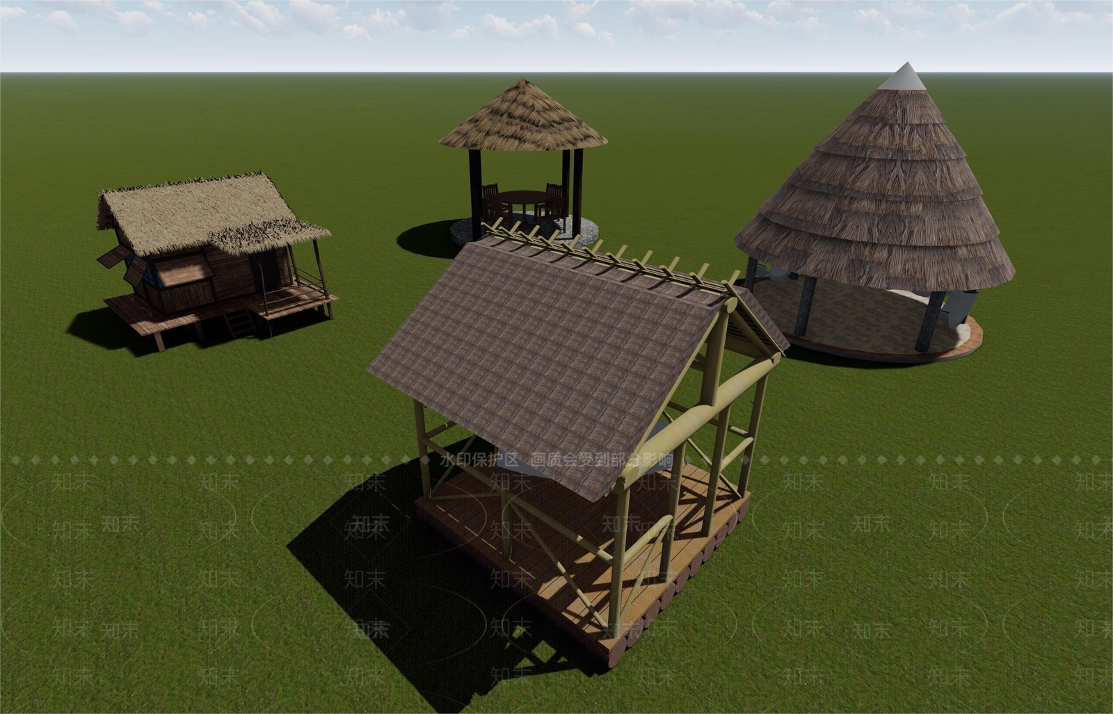 中式特色四角圆顶茅草亭SU模型下载【ID:1138335848】
