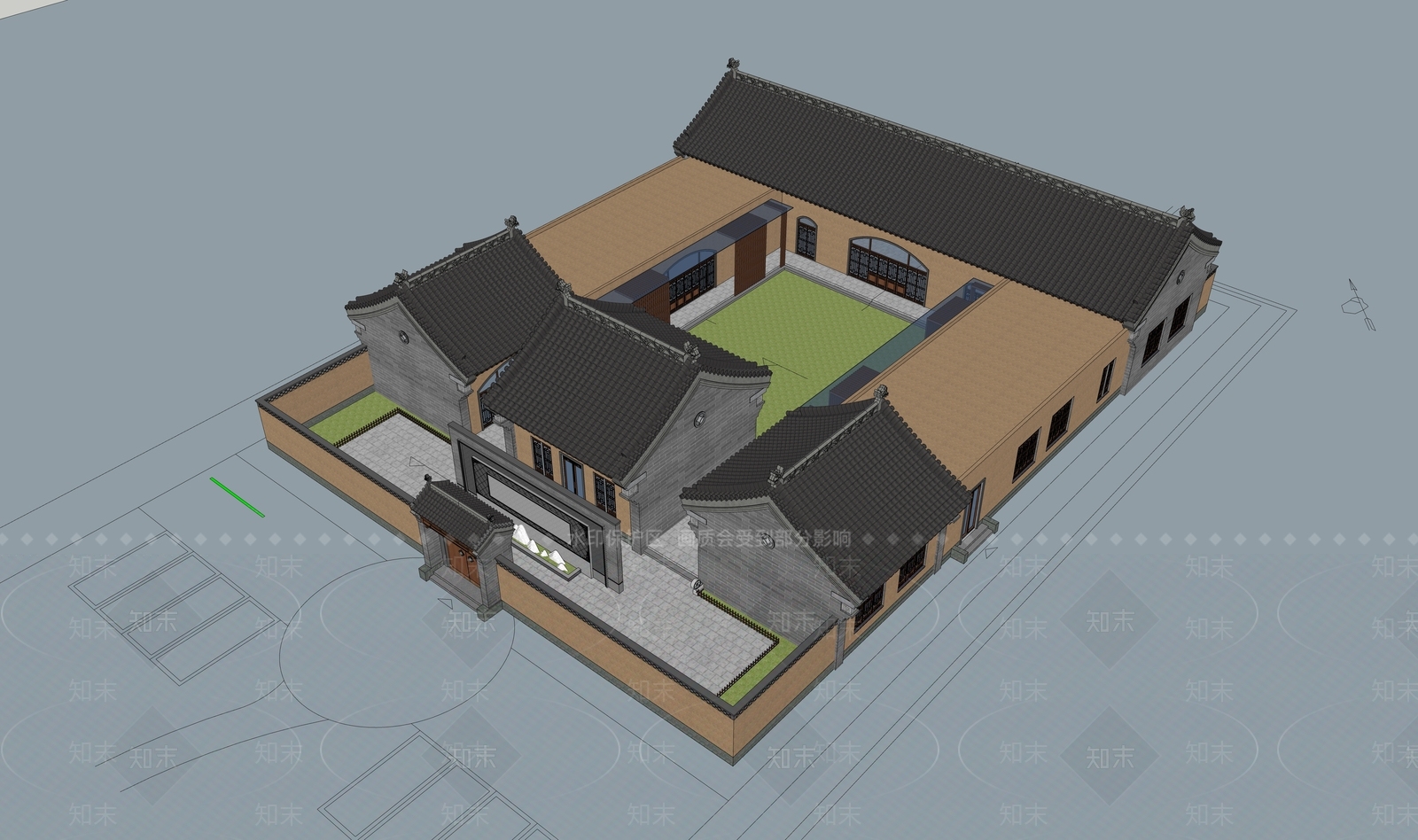 中式展览馆建筑SU模型下载【ID:1138212052】