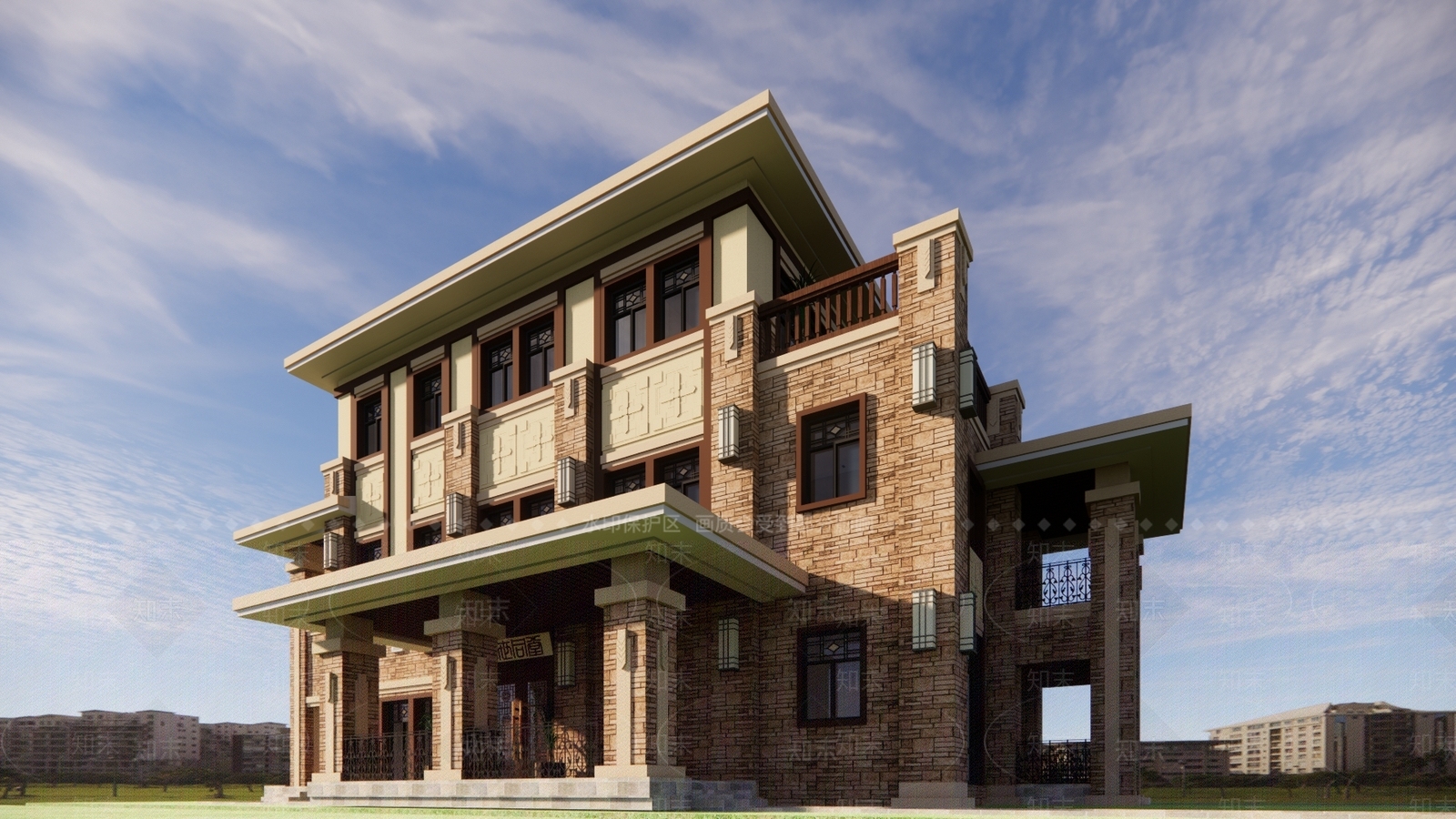 中式坡屋顶别墅SU模型下载【ID:1138215440】