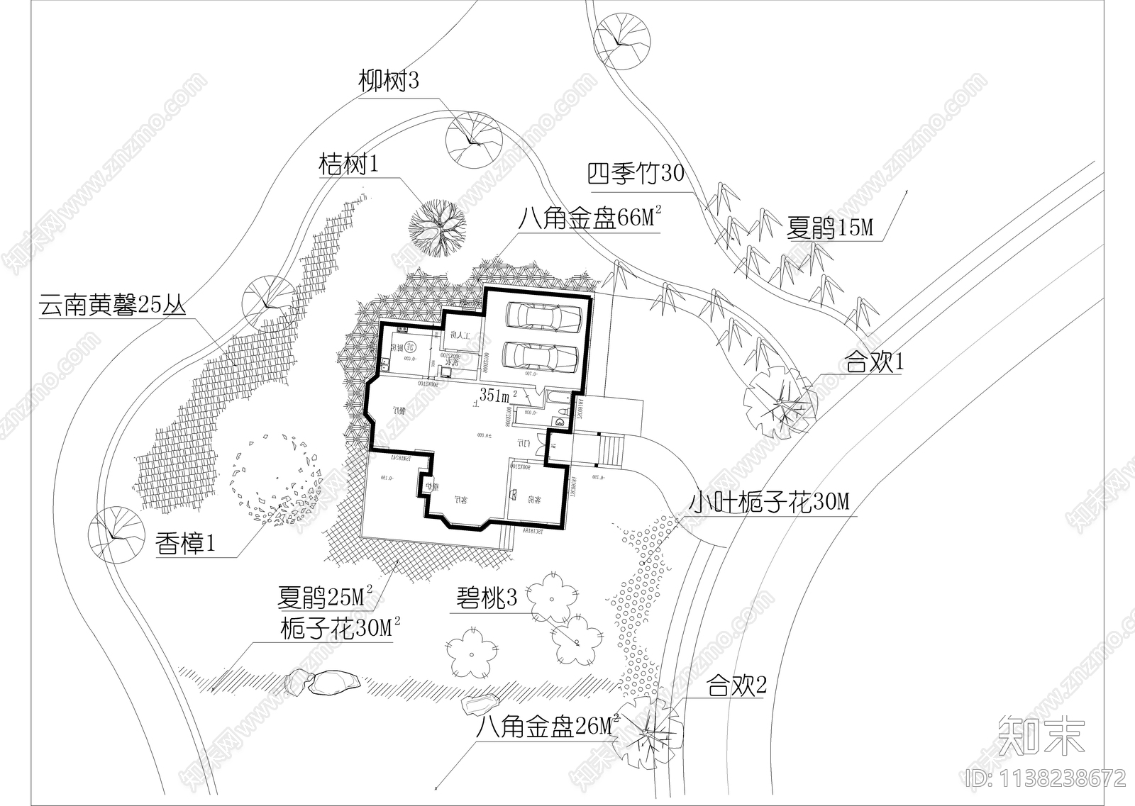独栋别墅庭院绿化平面图cad施工图下载【ID:1138238672】
