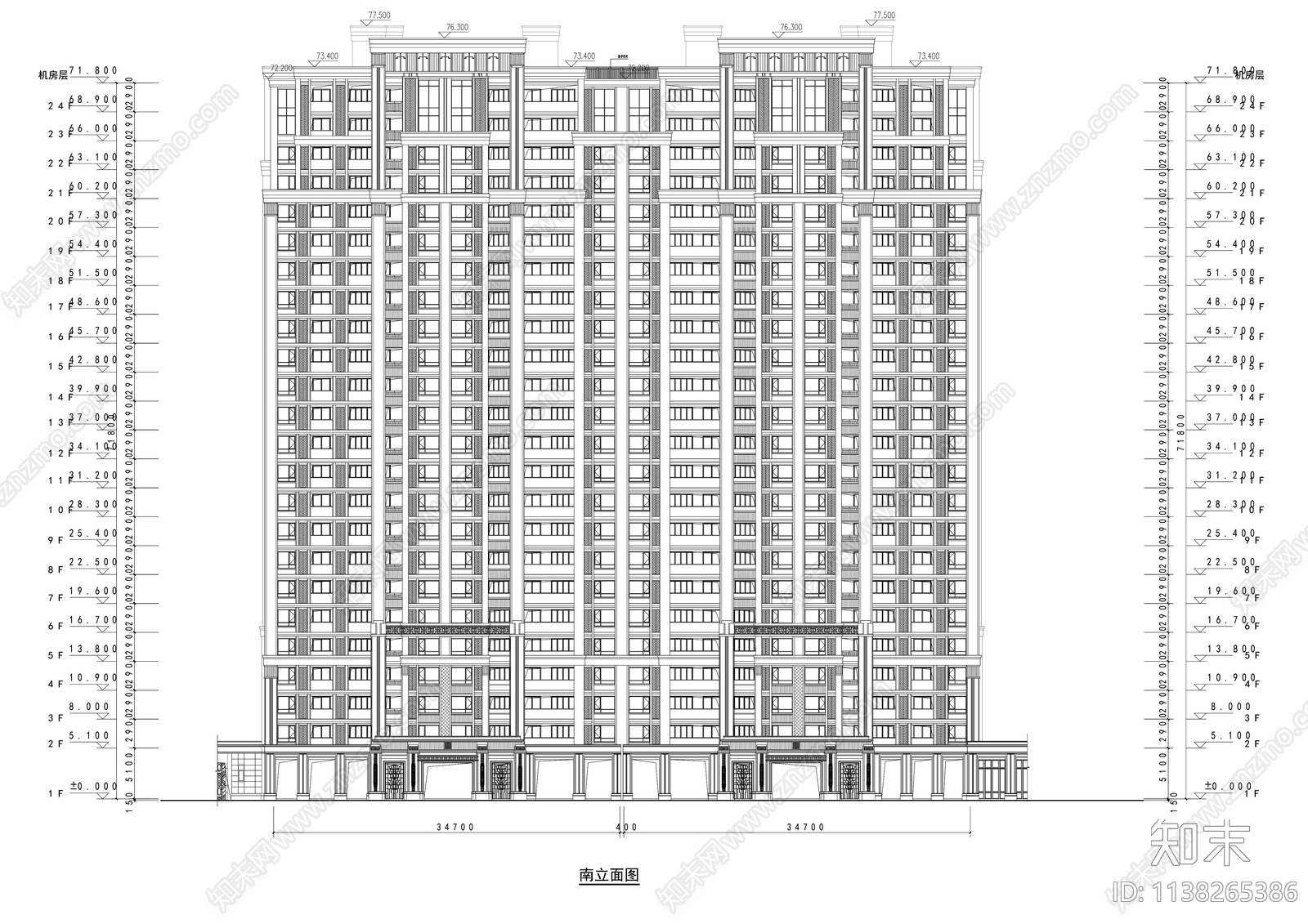 现代高层住宅建筑cad施工图下载【ID:1138265386】