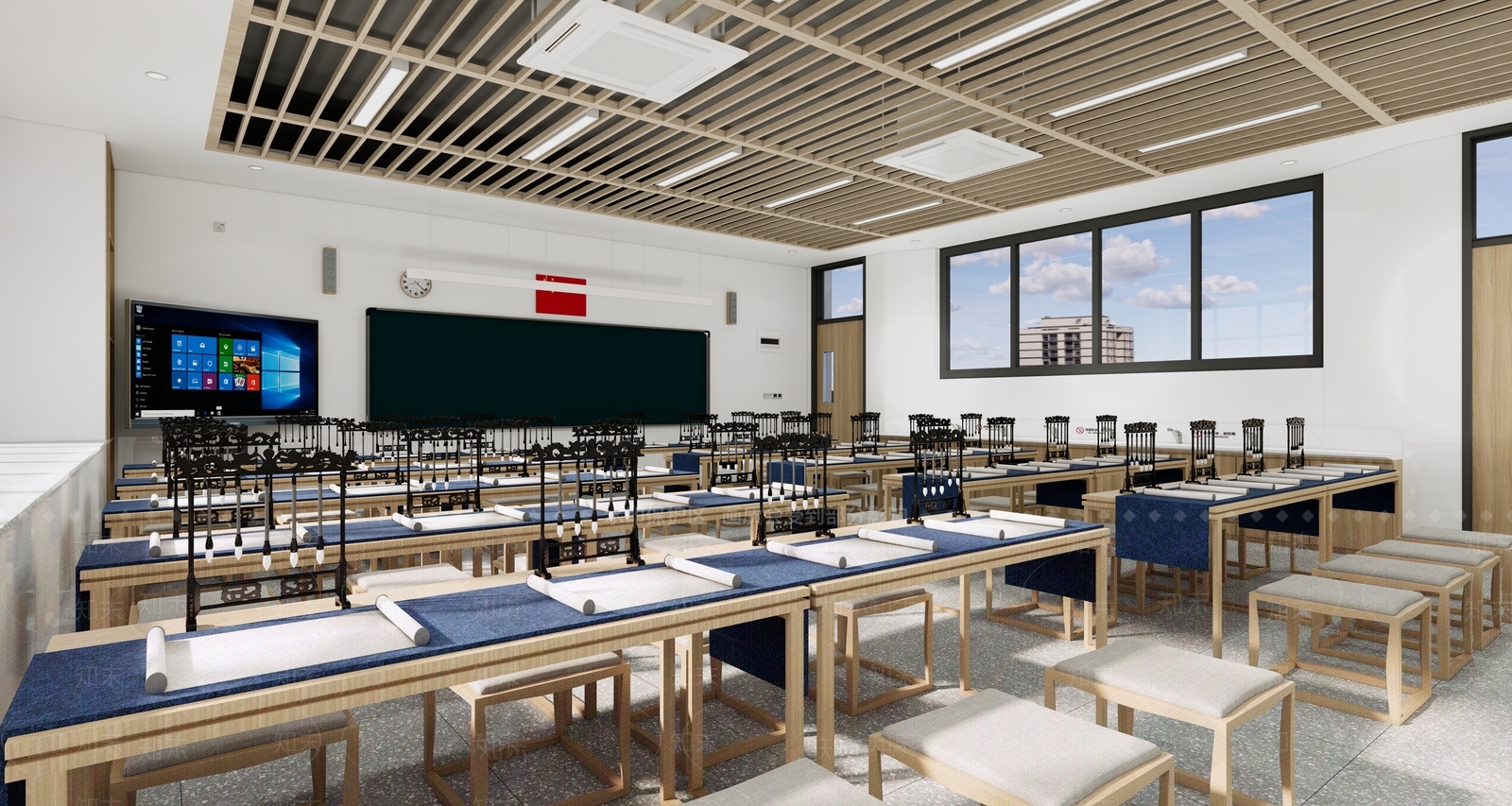 新中式学校书法教室SU模型下载【ID:1138281434】