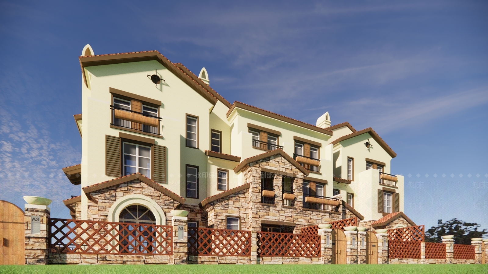 西班牙风格双拼别墅SU模型下载【ID:1138295922】
