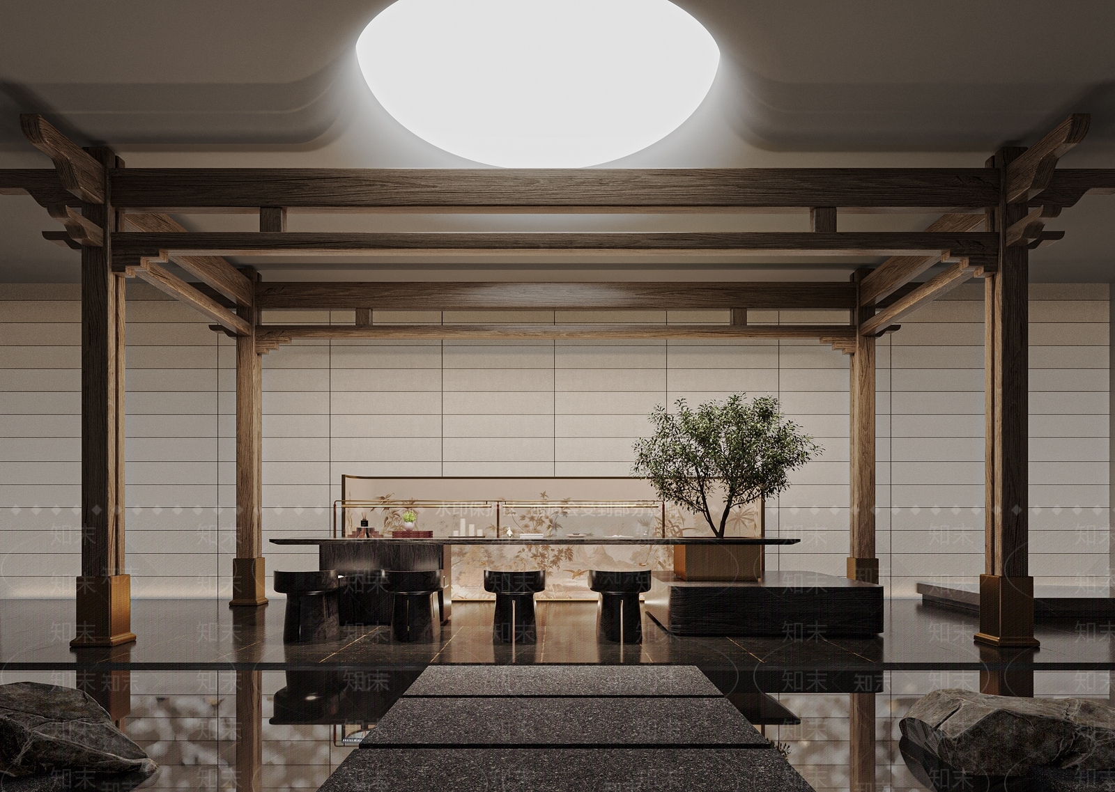 新中式茶室茶台组合3D模型下载【ID:1138349393】