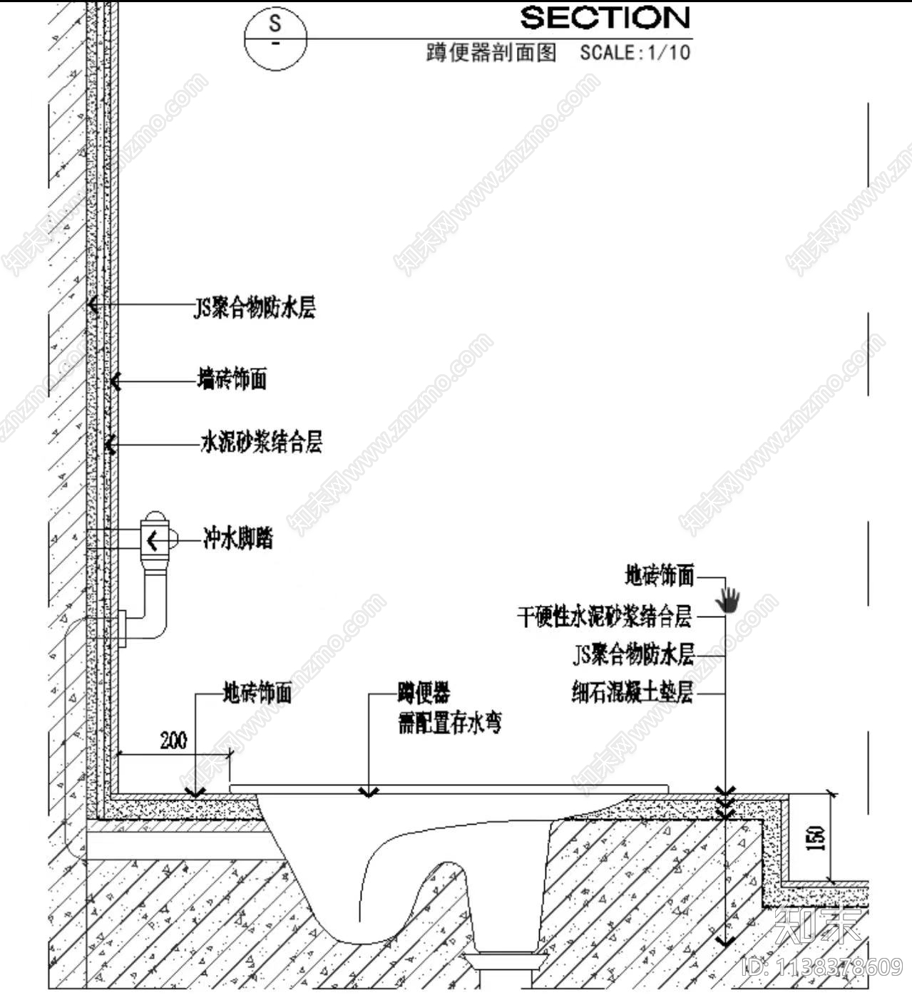 卫生间蹲便器小便斗壁挂马桶浴缸节点施工图下载【ID:1138378609】