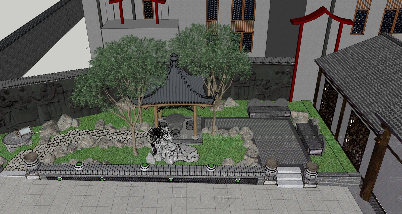 新中式校园景观SU模型下载【ID:1138388563】