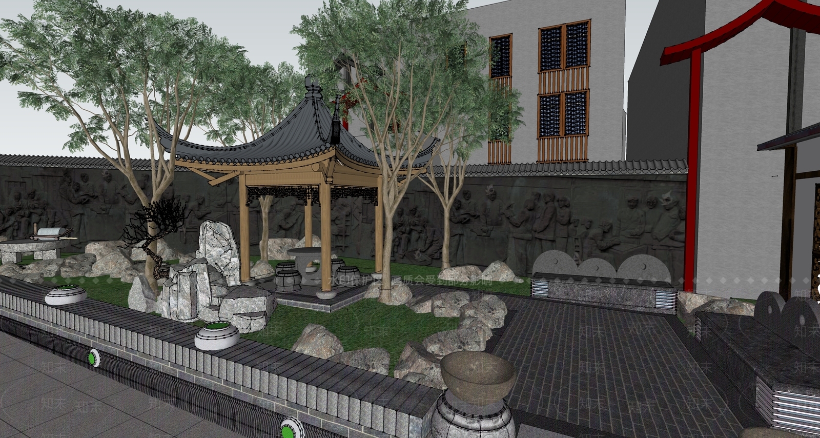 新中式校园景观SU模型下载【ID:1138388563】