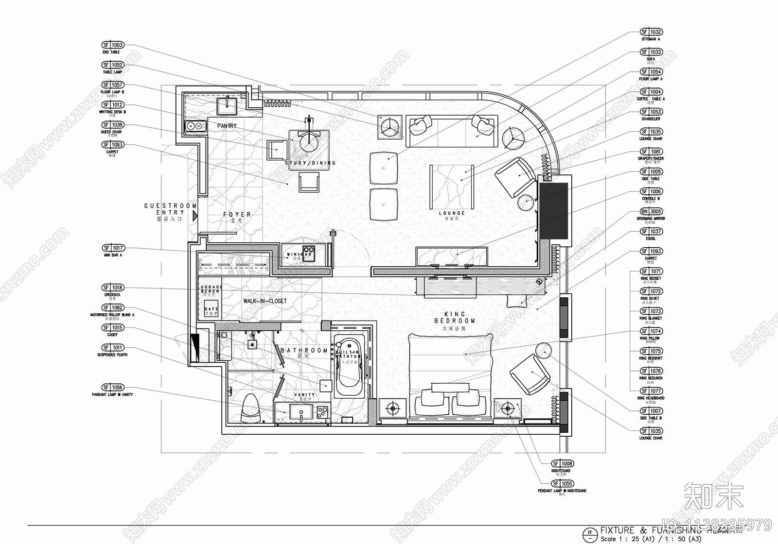 75㎡酒店客房大床房室内cad施工图下载【ID:1138395979】