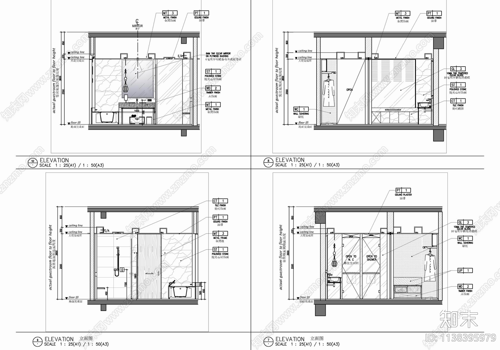 75㎡酒店客房大床房室内cad施工图下载【ID:1138395979】