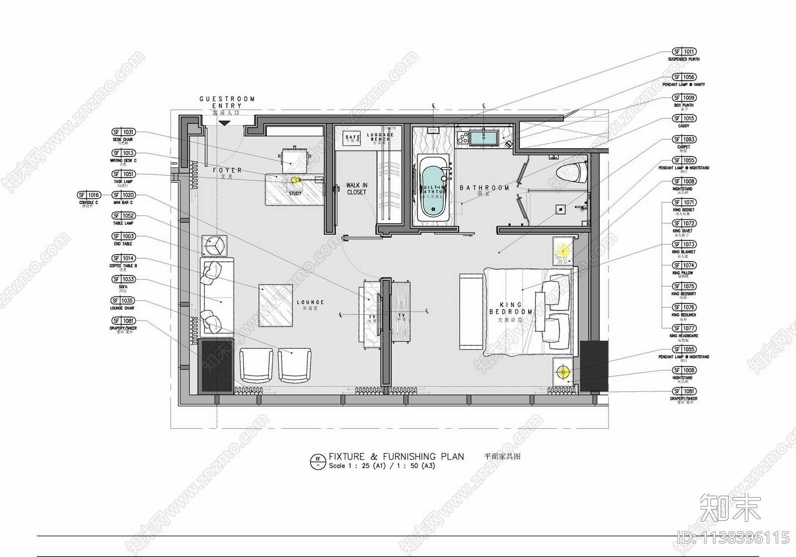 65㎡酒店客房大床房套房室内施工图下载【ID:1138396115】