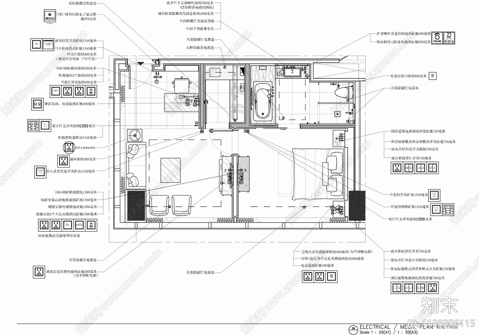 65㎡酒店客房大床房套房室内cad施工图下载【ID:1138396115】