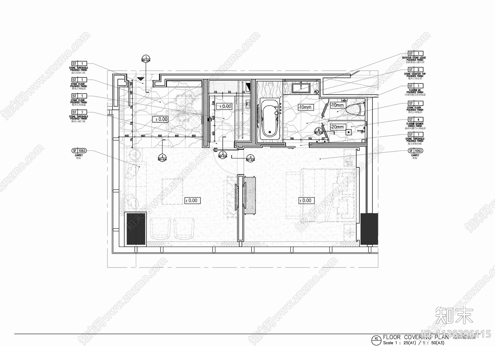 65㎡酒店客房大床房套房室内cad施工图下载【ID:1138396115】