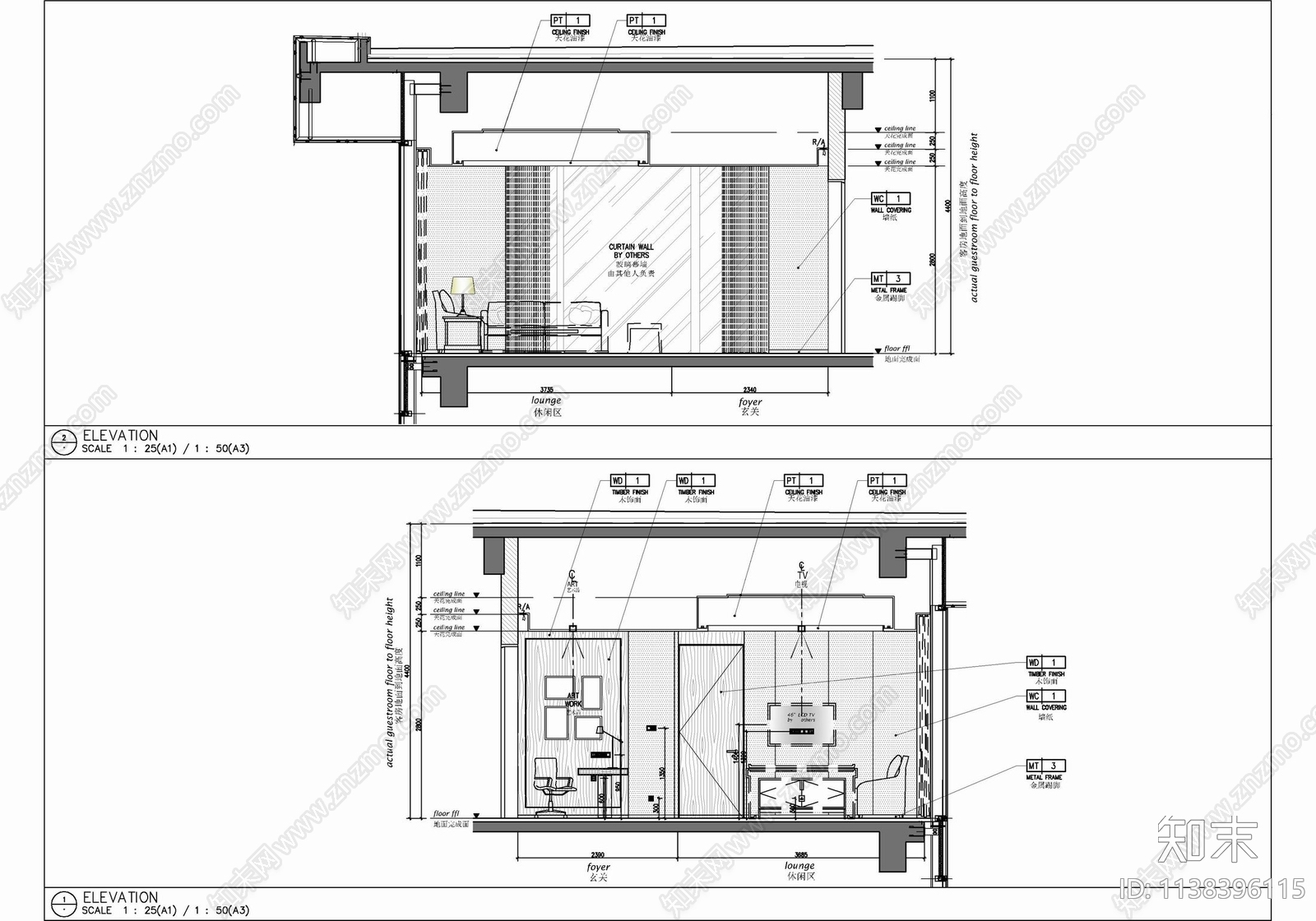 65㎡酒店客房大床房套房室内cad施工图下载【ID:1138396115】
