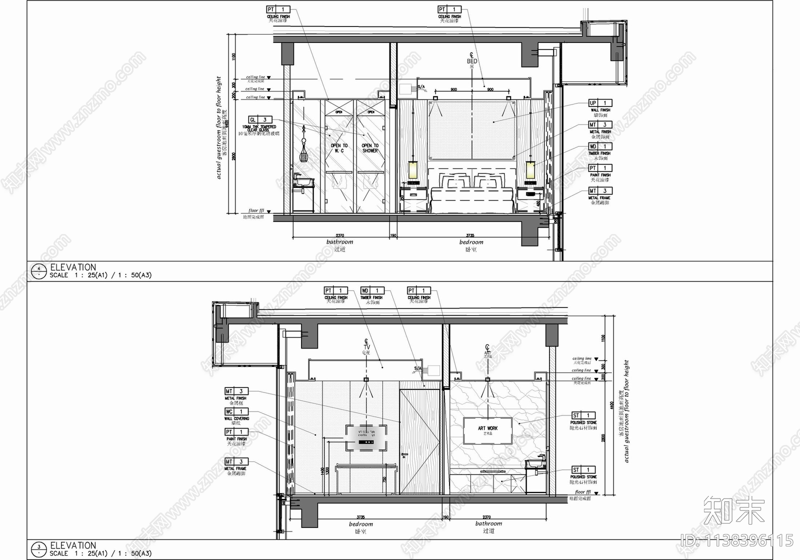 65㎡酒店客房大床房套房室内cad施工图下载【ID:1138396115】